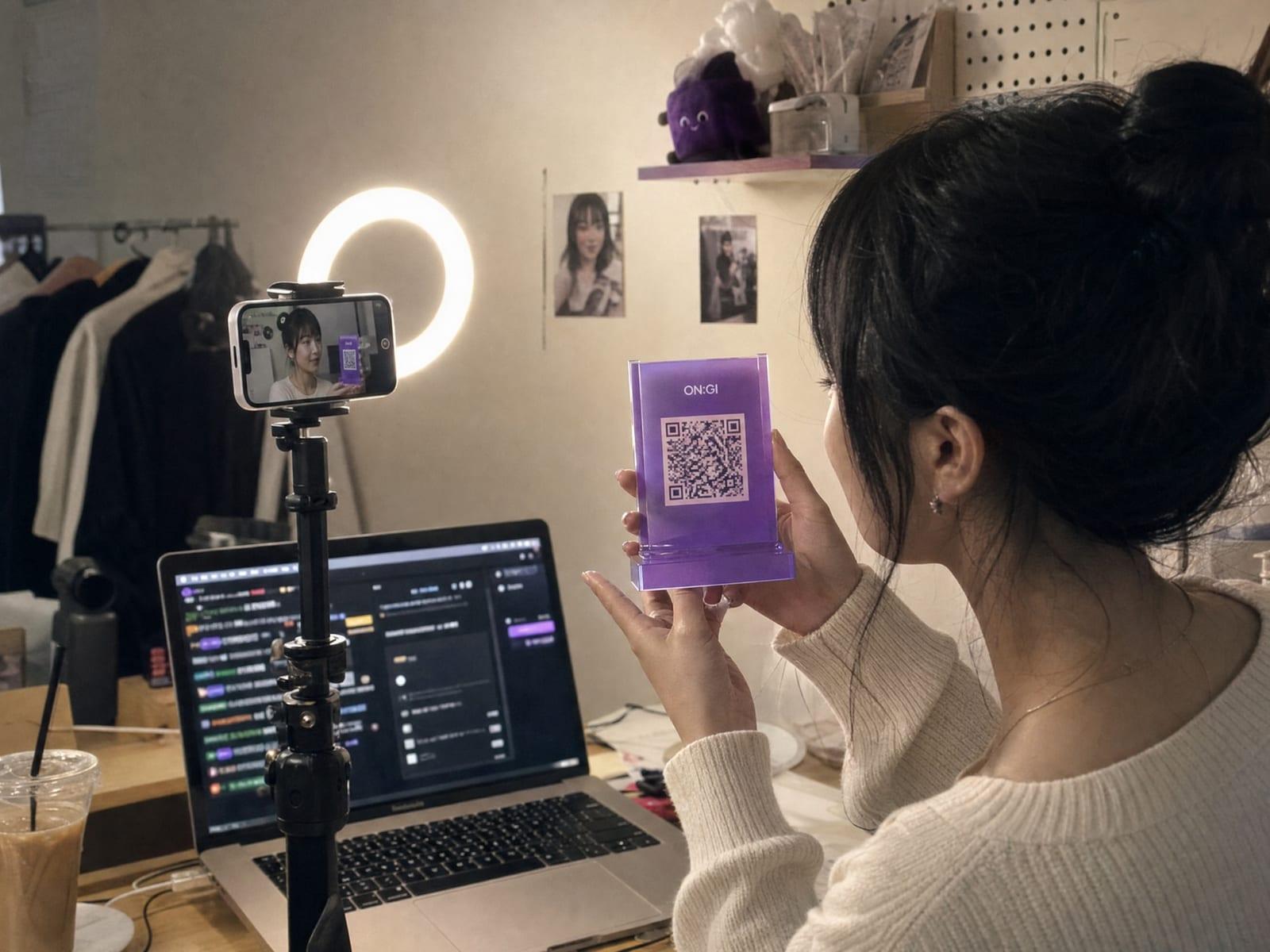 라이브 방송 중 QR 스탠드를 카메라에 보여 주는 크리에이터